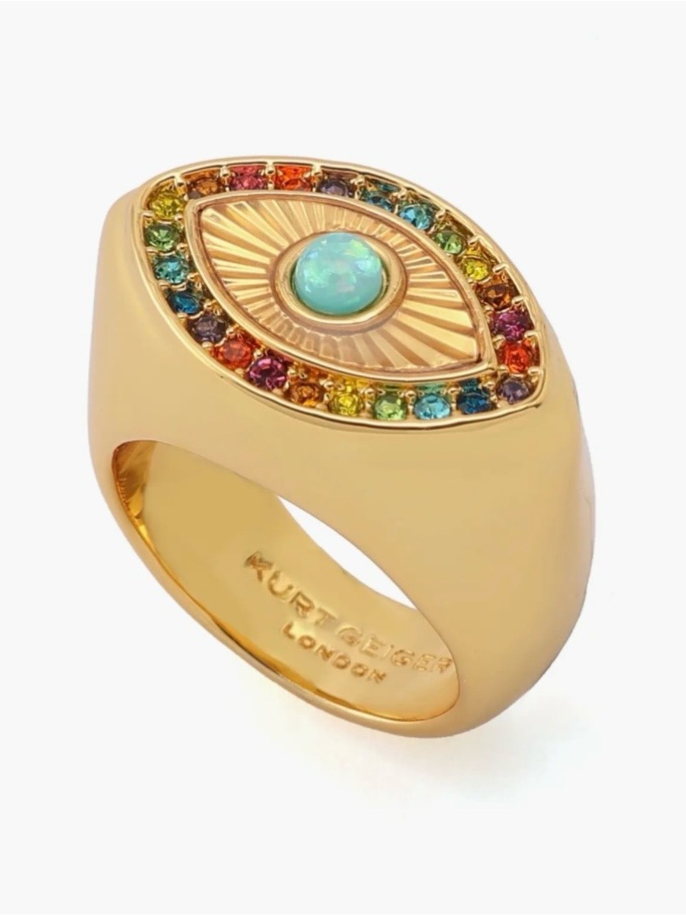 NEW Kurt Geiger London Gold tone Rainbow Multicolor Crystal Eye Ring Sz. 8